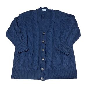 Paul Costelloe The Irish Store Cardigan XL Blue Merino Wool Cable Knit Fisherman